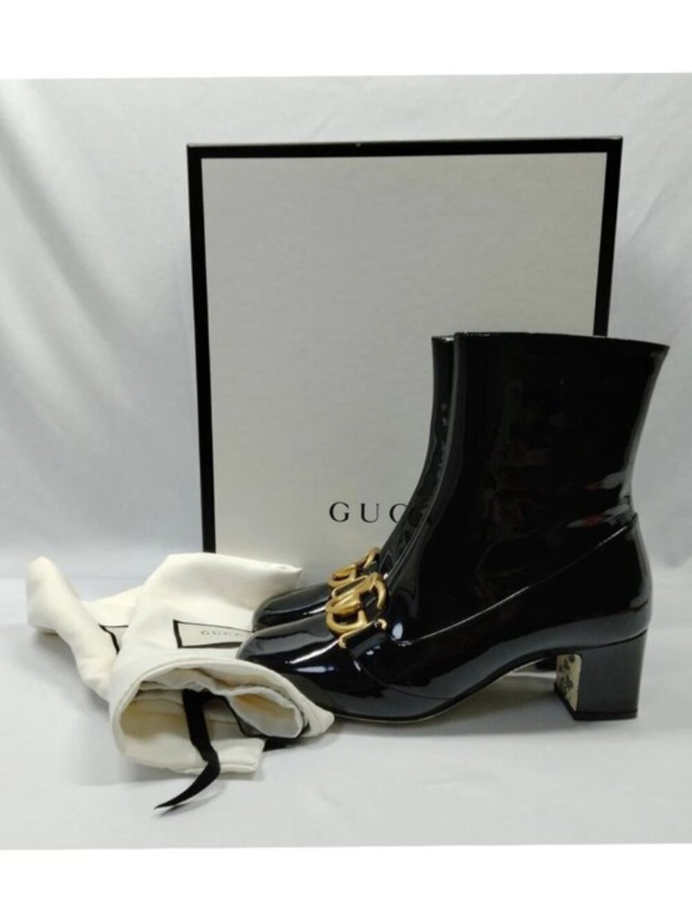 Authentic Gucci Women's Black Patent Leather Horsebit Ankle Boots Block Heel